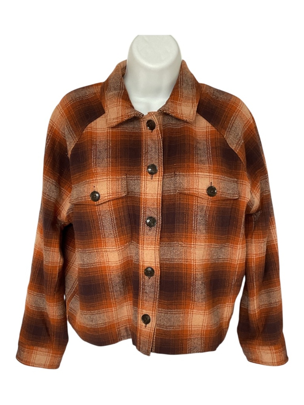 Madewell Flannel Cropped Shirt Jacket Plaid Orange Brown Size S Button up